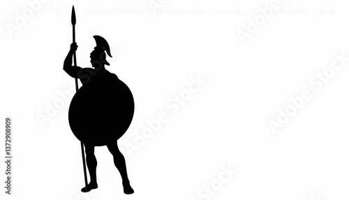 Silhouette of a warrior holding a spear and shield in a strong stance during a mythical battle setting