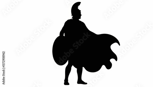 Silhouette of a historical warrior in traditional armor standing proudly against a white background during a reenactment event
