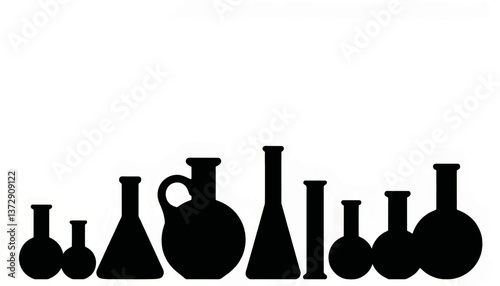 Multiple silhouettes of vases and bottles arranged in various sizes creating an artistic display on a white background