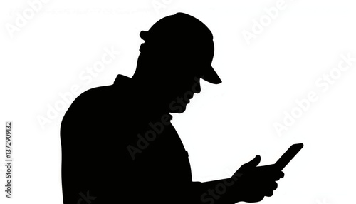 Silhouette of a worker looking at a smartphone while wearing a hard hat in a construction setting