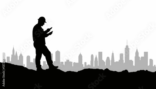 Construction worker reviewing plans against urban skyline at sunset