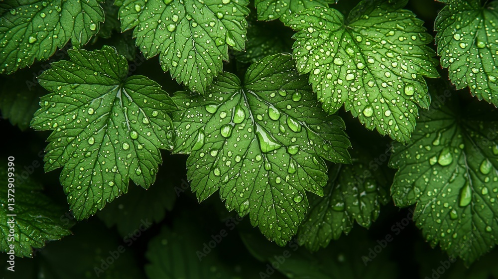 A close up of a leaf with water droplets on it A close up of a leaf with water droplets on it