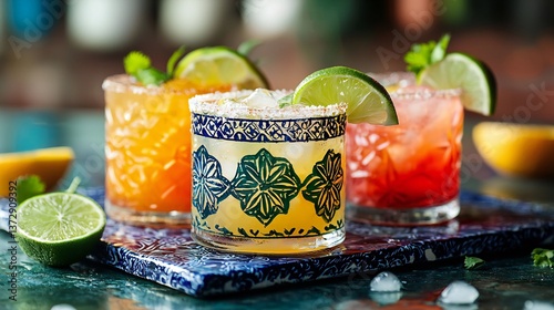 Cinco de Mayo, Three Refreshing Summer Cocktails with Lime and Salt Rims Served in Ornate Glasses on a Decorative Tray Perfect for a Party or Celebration