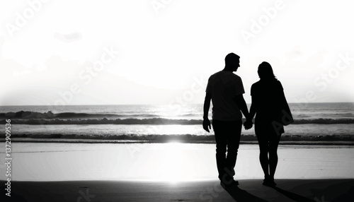 Couples enjoy a romantic walk along the beach at sunset with waves gently crashing on the shore