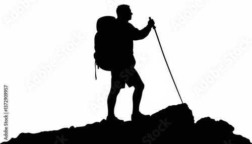 Hiker standing on a rocky peak during sunset showcasing determination and adventure