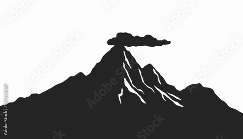 Black silhouette of a volcano erupting with smoke against a white background capturing natural power and energy