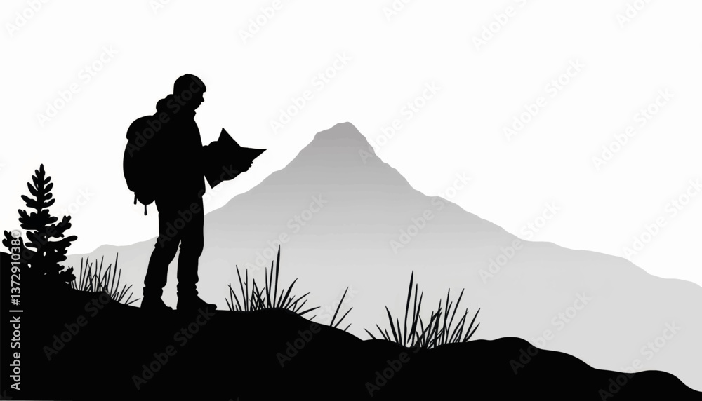 Hiker studies map while navigating mountains at dawn in a serene outdoor setting