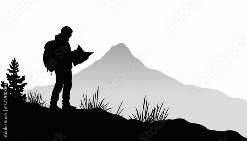 Obraz na płótnie Hiker studies map while navigating mountains at dawn in a serene outdoor setting w salonie