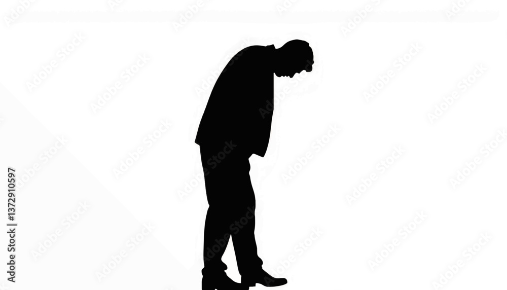 Silhouette of a person in a suit bending forward with a somber expression against a plain background
