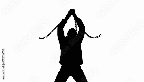 Person breaking chains in a silhouette during a dramatic moment of liberation at sunset