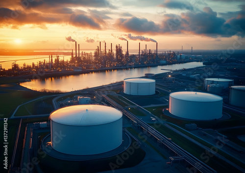 Enormous manufacturing facilities and storage units are situated near the river in a scarcely inhabited area