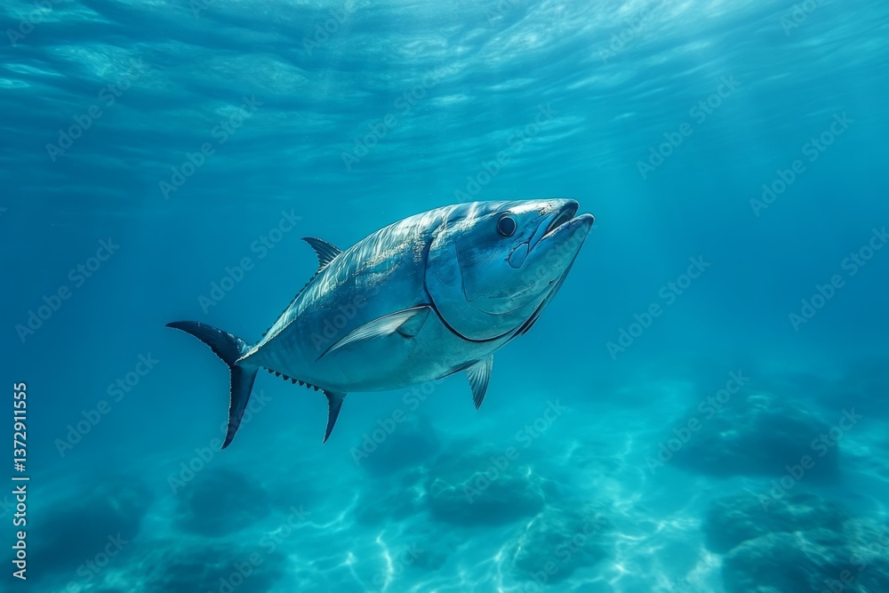 Obraz premium Big tuna fish swimming underwater in the sunlit ocean