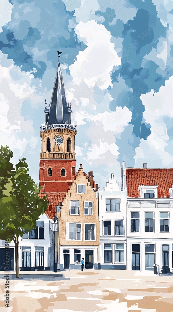Obraz premium Historic european town square with bell tower and charming architecture under cloudy sky