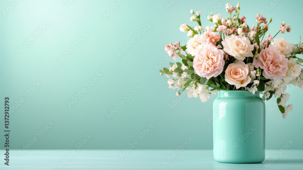 A stunning display of delicate peach roses surrounded by white blossoms, arranged in a light blue vase that enhances the floral beauty and creates a soft, inviting atmosphere. A stunning display of delicate peach roses surrounded by white blossoms, arranged in a light blue vase that enhances the floral beauty and creates a soft, inviting atmosphere.