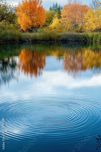 Autumn trees reflected in a calm lake with ripples on the water under a blue sky with clouds