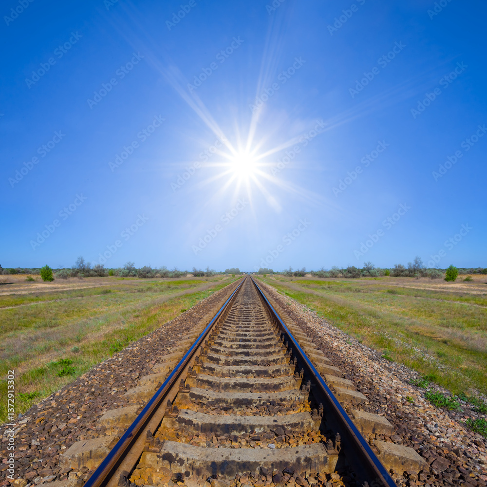 Fototapeta premium railway among green prairie at the sunny day