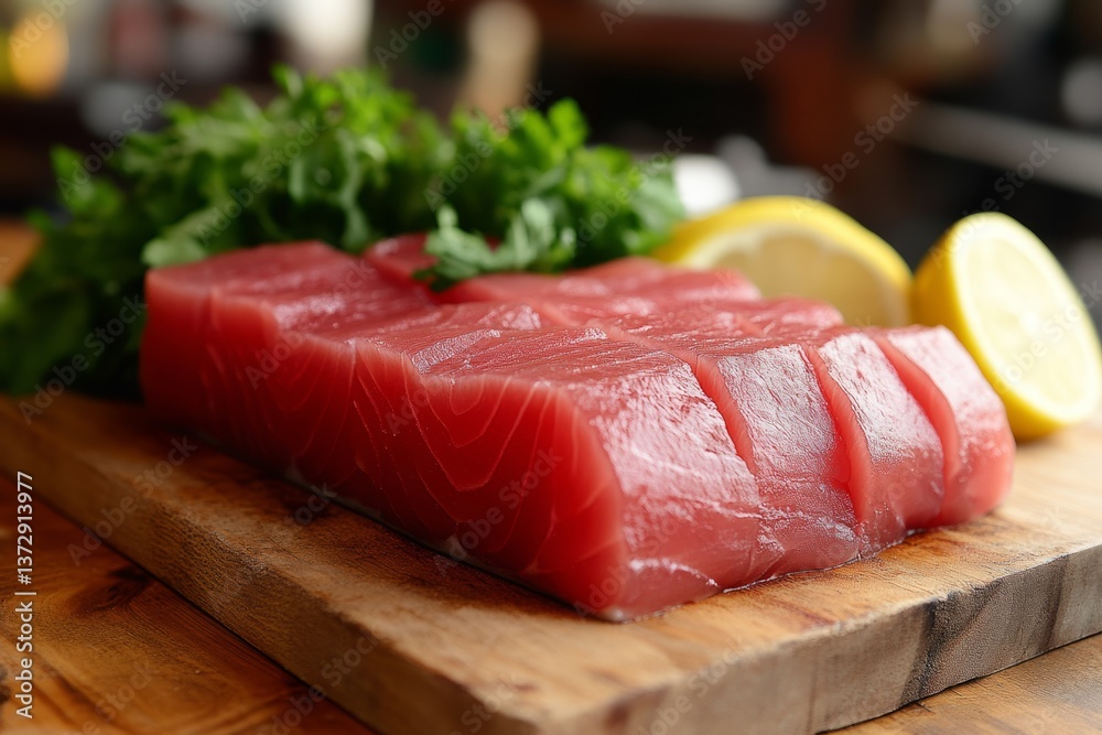 Fresh, raw tuna fish fillet slices, garnished with lemon and greens, are presented on a wooden cutting board, ready for preparation