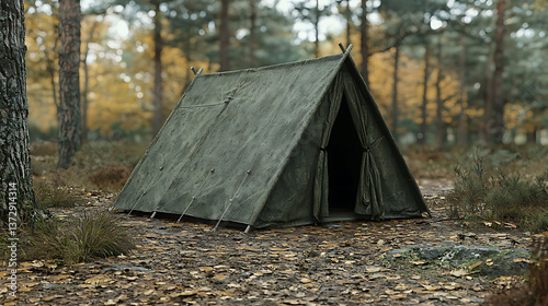 A solitary, olivegreen canvas tent stands in an autumnal forest.