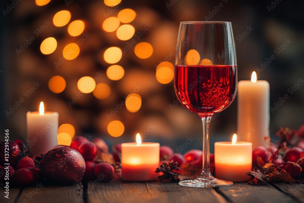 Glass of red wine surrounded by burning candles, christmas lights, and ornaments, creating a warm and inviting festive atmosphere Glass of red wine surrounded by burning candles, christmas lights, and ornaments, creating a warm and inviting festive atmosphere