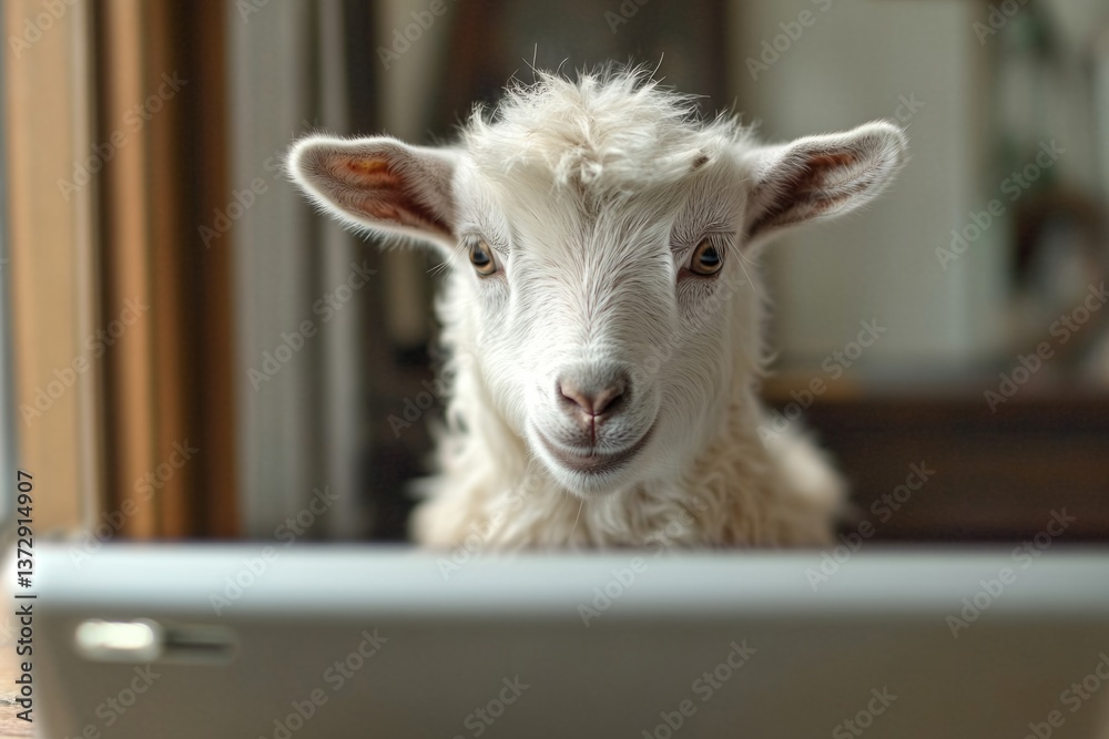 Obraz premium White lamb using a tablet computer, representing modern farming and technological advancements in agriculture