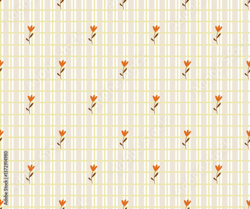 Seamless checkered gingham pattern with small tulip flowers. Warm earthy tones create a cozy aesthetic. For textiles, wallpapers, gift wrap, and rustic-inspired designs.