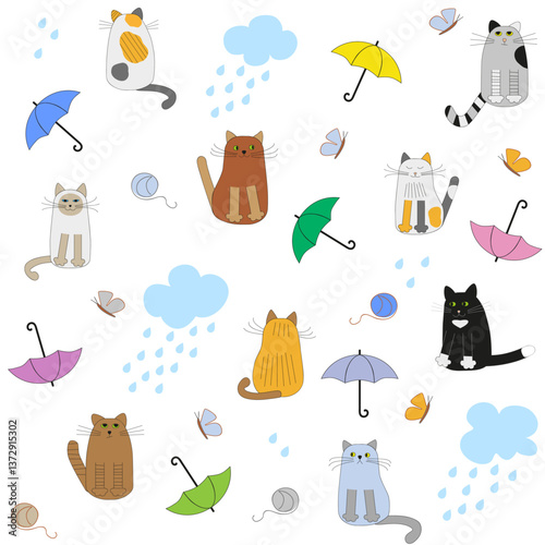 Seamless pattern with cute cartoonish cats with rain and umbrellas. Good for decorating kindergartens, veterinary clinics, packaging, fabric designs.