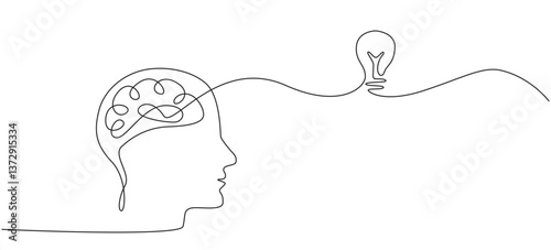 Light bulb with human brain continuous line art drawing,concept Creative idea and insight symbol