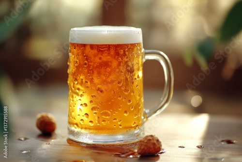 Glass mug of cold beer with foam is sweating on a wooden table with snacks in a warm summer day