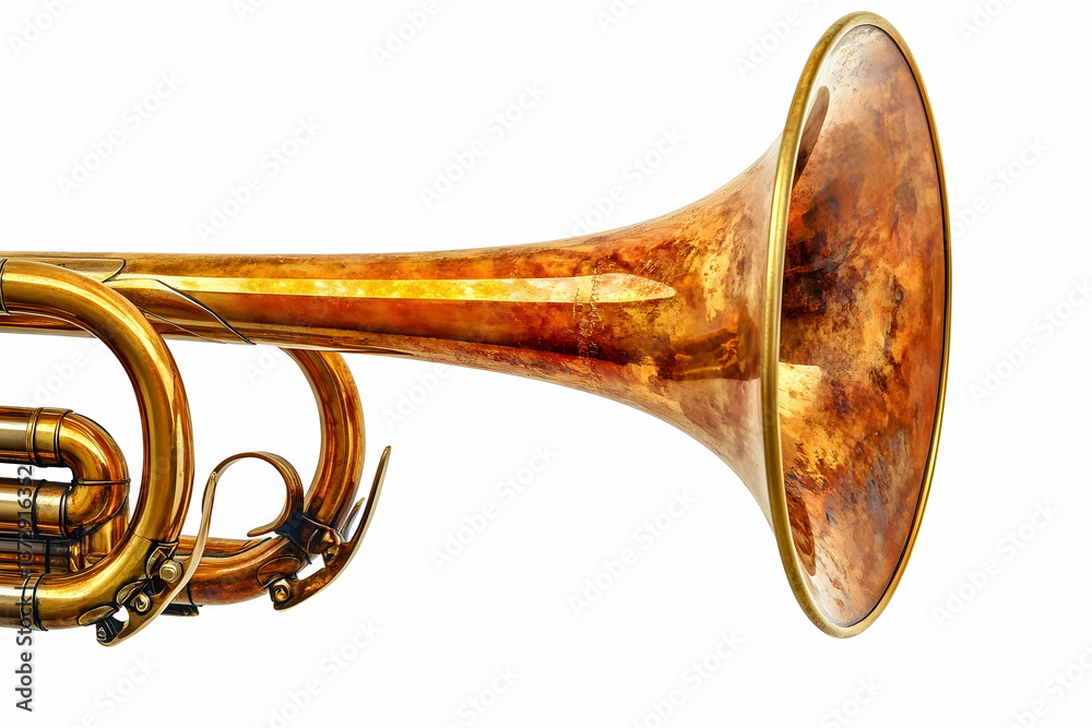 Obraz premium Detailed Close Up of a Brass Trumpet with Gold Finish Isolated on White Background Musical Instrument Showing Fine Craftsmanship and Ornate Details