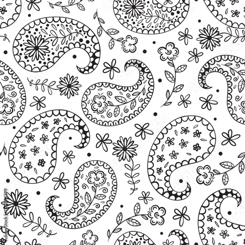 Black and white floral paisley seamless pattern design