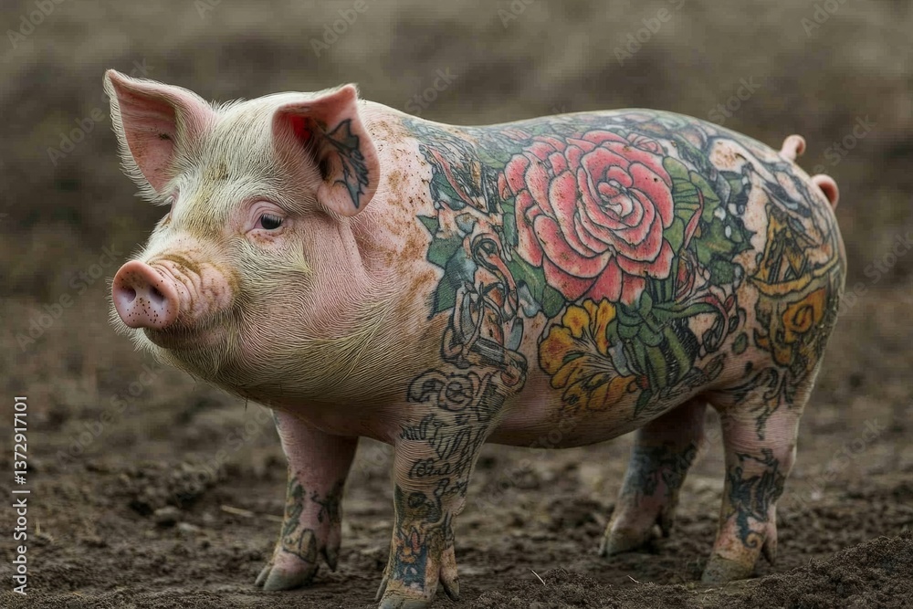 Pig with colorful tattoos covering its body stands on muddy ground, showcasing a unique blend of art and farm life Pig with colorful tattoos covering its body stands on muddy ground, showcasing a unique blend of art and farm life