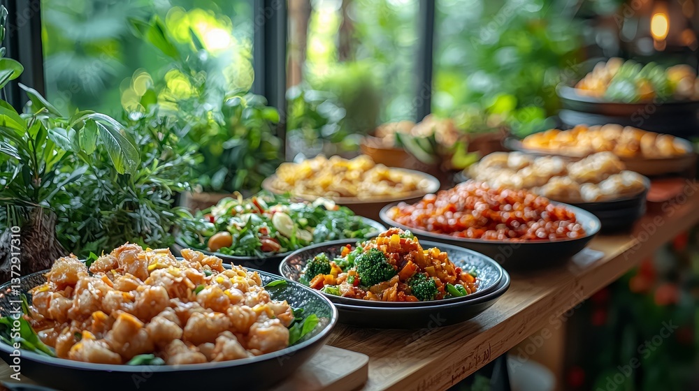 Fototapeta premium A vibrant buffet display featuring a variety of delicious Asian-inspired dishes surrounded by lush greenery