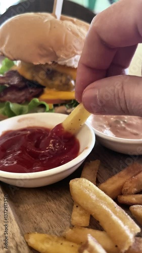 dipping french fries in ketchup in front of craft burger, fast food