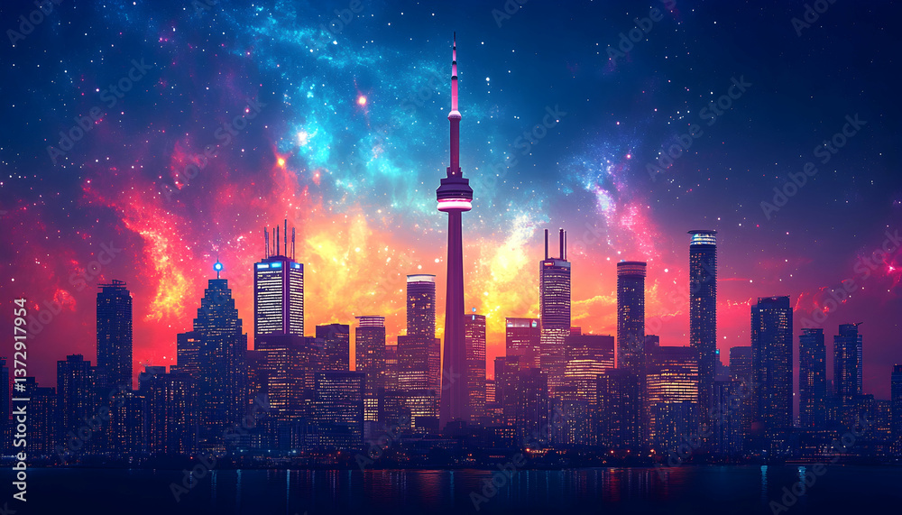 Dramatic Night Cityscape with a Tower and Colorful Sky Reflecting on the Water Featuring Modern Architecture and Urban Glow Dramatic Night Cityscape with a Tower and Colorful Sky Reflecting on the Water Featuring Modern Architecture and Urban Glow