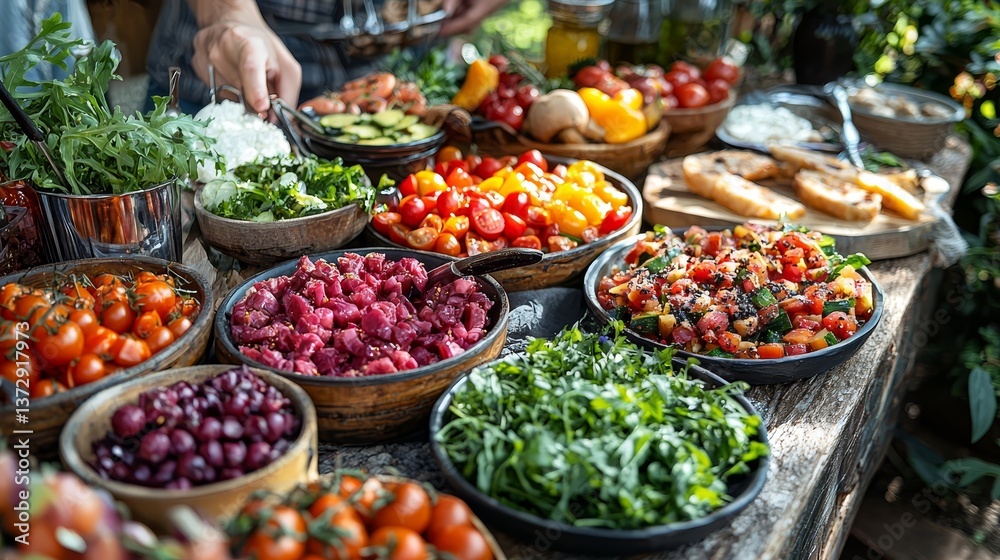 Obraz premium A vibrant selection of fresh vegetables and salads beautifully arranged at an outdoor market gathering