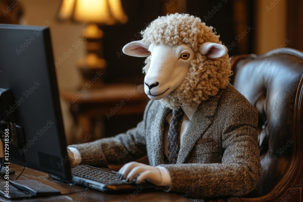 Sheep businessman typing on a computer keyboard, representing unusual office work and corporate culture Sheep businessman typing on a computer keyboard, representing unusual office work and corporate culture