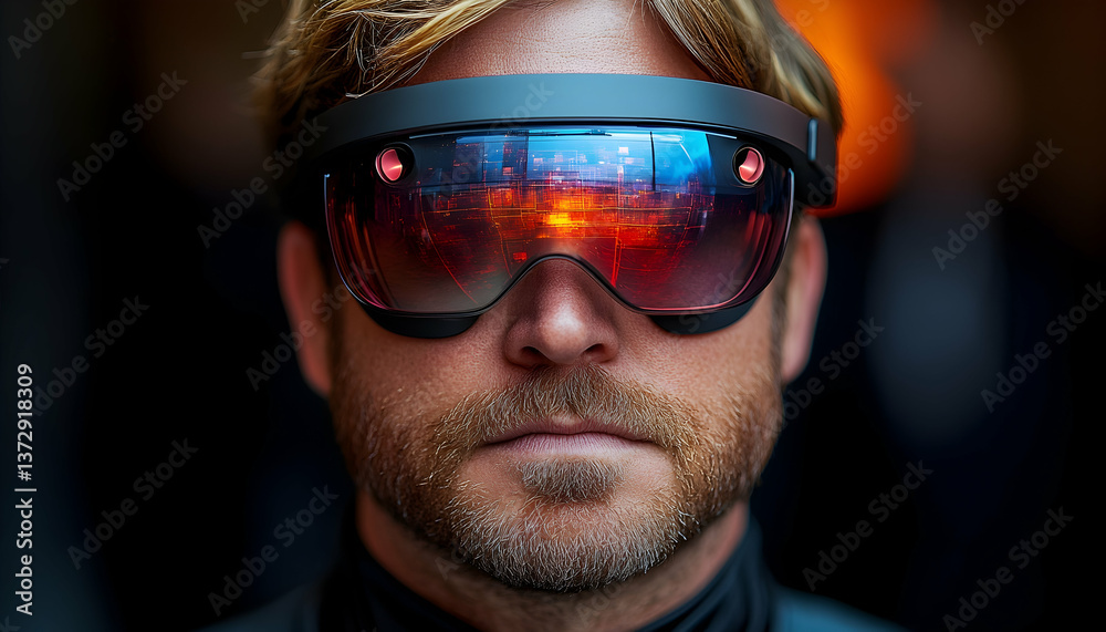 Dramatic Portrait of Man with Reflective Futuristic Visor in Dark Setting Enhanced by Digital Effect for Commercial Use Dramatic Portrait of Man with Reflective Futuristic Visor in Dark Setting Enhanced by Digital Effect for Commercial Use