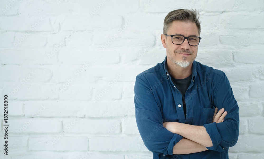 Portrait of happy casual middle aged man in glasses smiling. Copy space, white brick wall. Portrait of happy casual middle aged man in glasses smiling. Copy space, white brick wall.