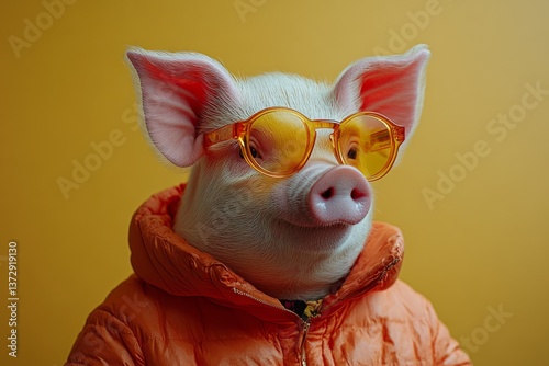 Portrait of a fashionable pig wearing orange sunglasses and a puffer jacket, showcasing a trendy and quirky style