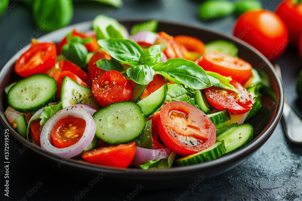 black plate with a salad of tomatoes, cucumbers, and onions. The salad is garnished with fresh basil black plate with a salad of tomatoes, cucumbers, and onions. The salad is garnished with fresh basil
