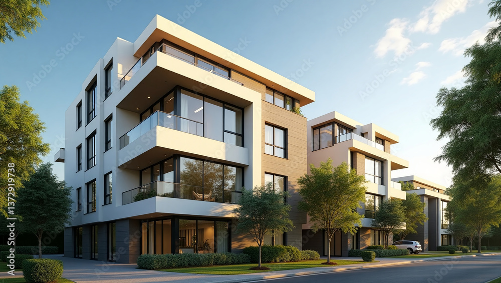 Modern apartment building with clean lines, large windows, and exterior balconies, surrounded by trees and landscaping. Architectural design. Modern apartment building with clean lines, large windows, and exterior balconies, surrounded by trees and landscaping. Architectural design.