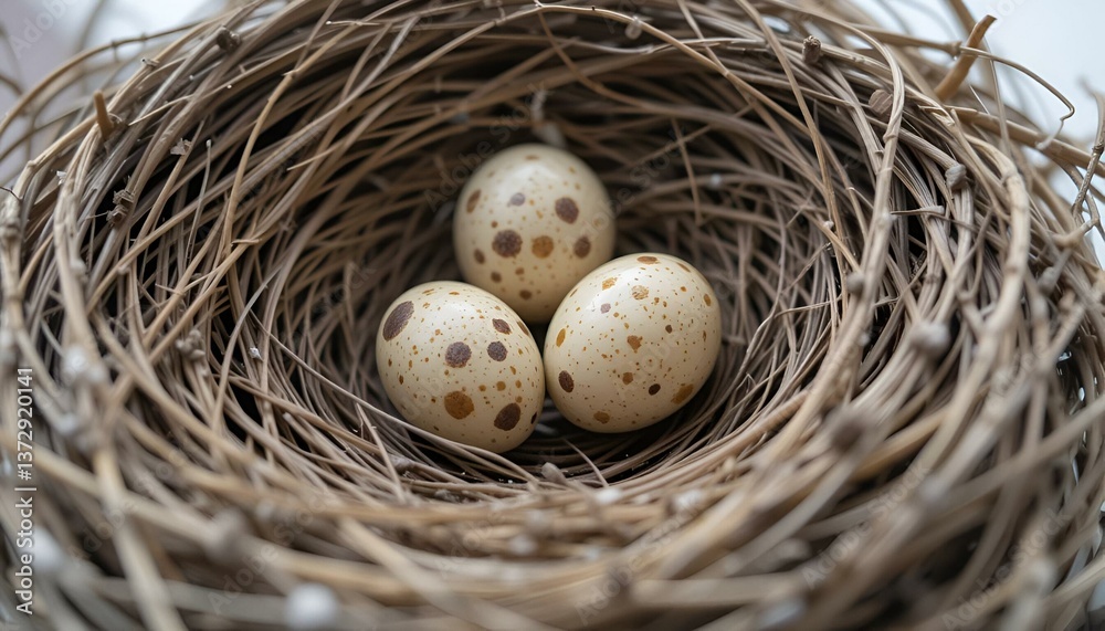 A close-up photo of a bird's nest with speckled eggs, showcasing the intricate details of the nest and the delicate nature of the eggs. A close-up photo of a bird's nest with speckled eggs, showcasing the intricate details of the nest and the delicate nature of the eggs.
