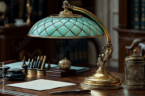 Elegant antique desk lamp with a teal glass shade illuminates a handwritten letter on a rich wooden desk, surrounded by vintage writing implements.