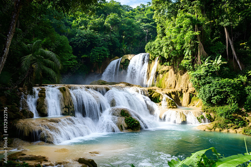 Fototapeta premium Serene Waterfall Paradise: Lush Tropical Getaway