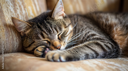 a cat lies comfortably and sleeps