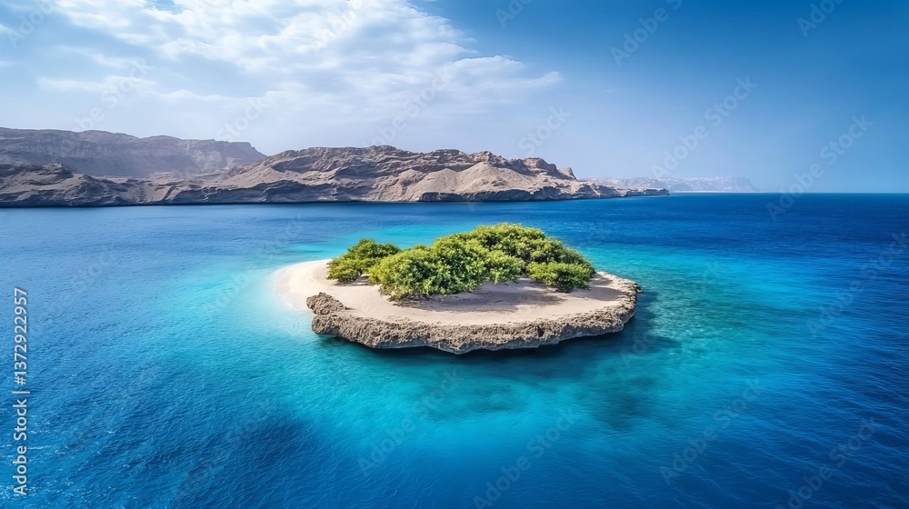 Obraz premium Idyllic tropical island surrounded by turquoise ocean, perfect for summer vacations and eco-tourism getaways, peaceful remote paradise scene