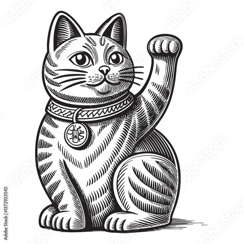 lucky cat engraving vector illustration