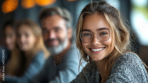Smiling young woman with glasses in a casual gathering at a cozy café, surrounded by friends enjoying their time together