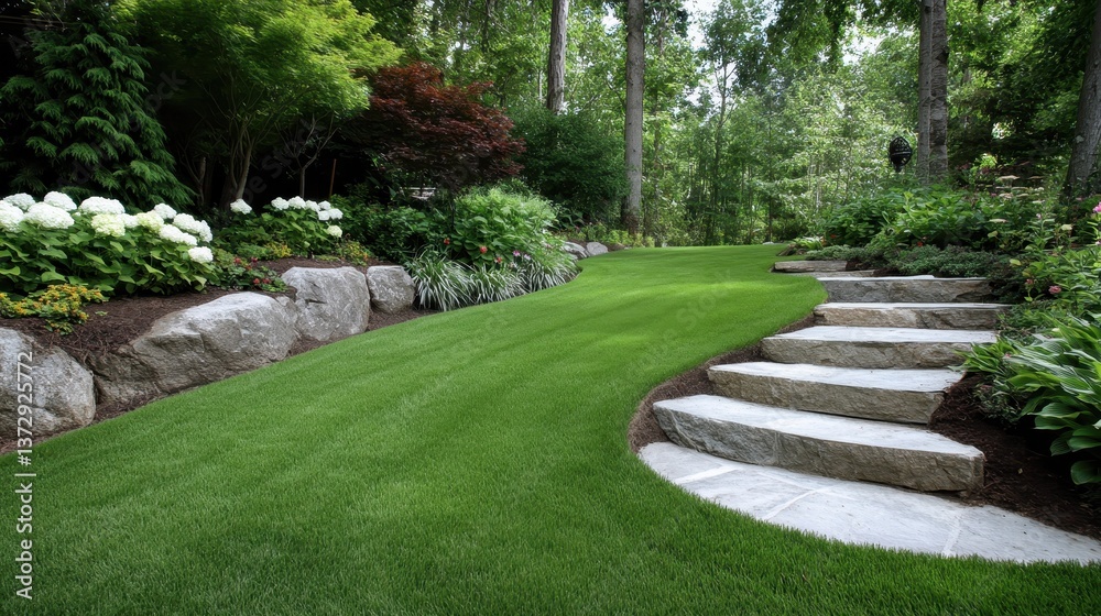 An inviting stone pathway winding through a gorgeous garden with lush green grass and flowering plants, embodying tranquility and the beauty of nature. An inviting stone pathway winding through a gorgeous garden with lush green grass and flowering plants, embodying tranquility and the beauty of nature.