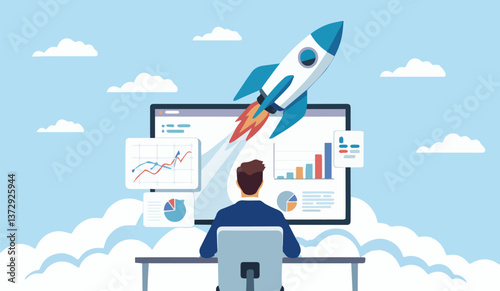 A businessman sits at a desk, focused on his large computer monitor, which displays various colorful graphs and charts. Above the monitor, a blue and white rocket with a pointed nose and tail soars